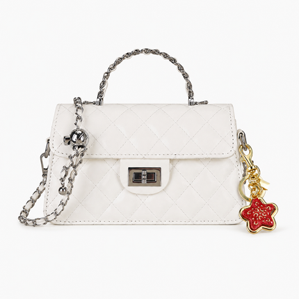 White Quilted Chain Shoulder Bag with Golden Star Charm - PU Leather Small Square Crossbody - Adjustable Strap, Metal Hardware, Lightweight Everyday Handbag for Women