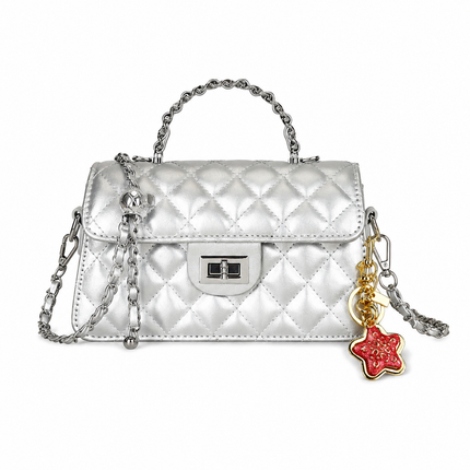 Silvery Quilted Chain Shoulder Bag with Golden Star Charm - PU Leather Small Square Crossbody - Adjustable Strap, Metal Hardware, Lightweight Everyday Handbag for Women