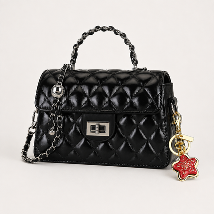 Black Quilted Chain Shoulder Bag with Golden Star Charm - PU Leather Small Square Crossbody - Adjustable Strap, Metal Hardware, Lightweight Everyday Handbag for Women