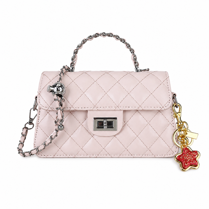 Pink Quilted Chain Shoulder Bag with Golden Star Charm - PU Leather Small Square Crossbody - Adjustable Strap, Metal Hardware, Lightweight Everyday Handbag for Women