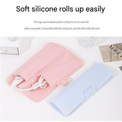 White Travel Silicone Hair Tool Storage Mat - Heat Resistant, Non-Slip, Foldable Organizer for Curling Irons and Straighteners, Dual Pocket Design for Cords and Styling Tools