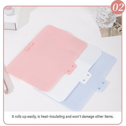 White Travel Silicone Hair Tool Storage Mat - Heat Resistant, Non-Slip, Foldable Organizer for Curling Irons and Straighteners, Dual Pocket Design for Cords and Styling Tools