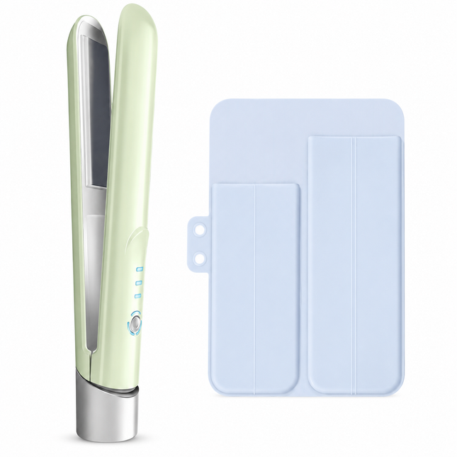 Green Cordless Mini Hair Straightener and Blue Curler and Heat Resistant Silicone Storage Mat - 3 Temperature Settings,  Travel Friendly, Alloy Heating Plates, Portable Styling Kit,Suitable as a gift