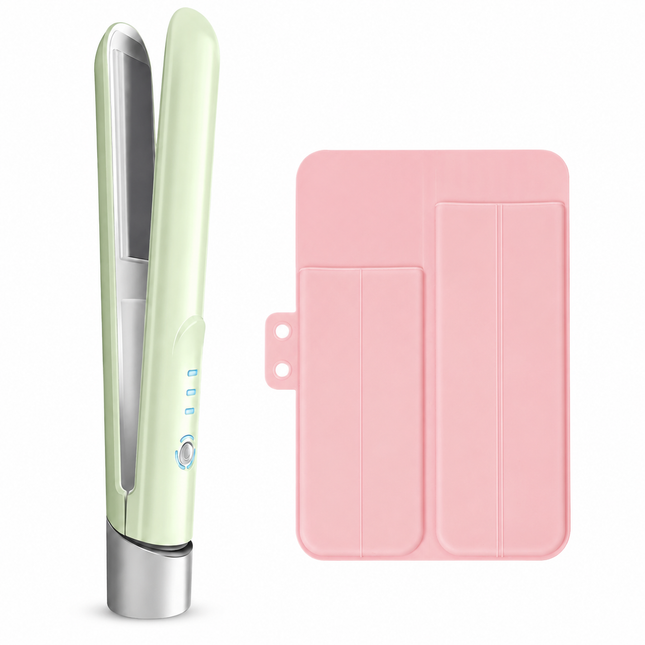 Green Cordless Mini Hair Straightener and Pink Curler and Heat Resistant Silicone Storage Mat - 3 Temperature Settings,  Travel Friendly, Alloy Heating Plates, Portable Styling Kit,Suitable as a gift
