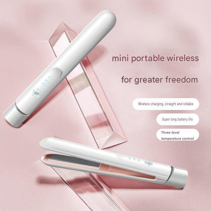 Green Cordless Mini Hair Straightener and Pink Curler and Heat Resistant Silicone Storage Mat - 3 Temperature Settings,  Travel Friendly, Alloy Heating Plates, Portable Styling Kit,Suitable as a gift