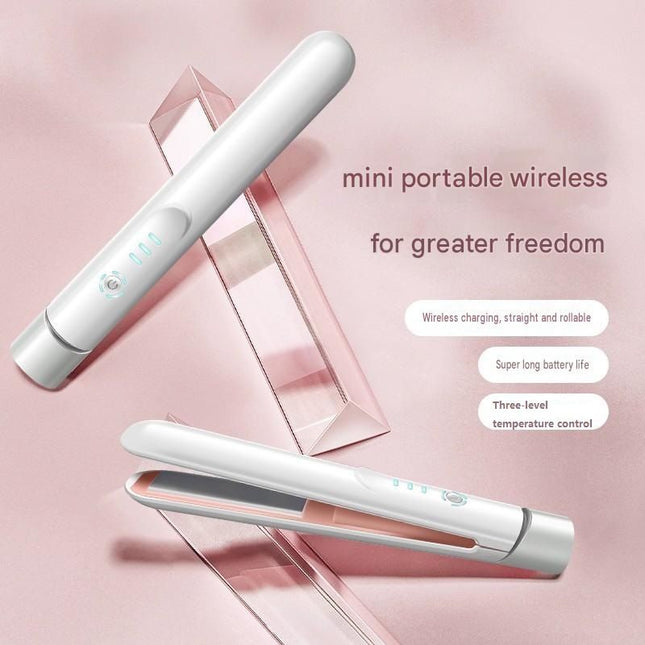 Green Cordless Mini Hair Straightener and Pink Curler and Heat Resistant Silicone Storage Mat - 3 Temperature Settings,  Travel Friendly, Alloy Heating Plates, Portable Styling Kit,Suitable as a gift