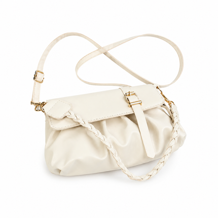 Beige Trendy Pleated PU Leather Crossbody Bag - 24x13x7cm Compact Shoulder Bag with Braided Handle, Gold Hardware, Adjustable Strap, Lightweight Daily Carry for Women