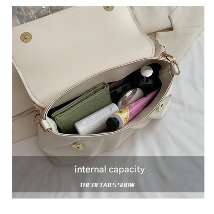 Beige Trendy Pleated PU Leather Crossbody Bag - 24x13x7cm Compact Shoulder Bag with Braided Handle, Gold Hardware, Adjustable Strap, Lightweight Daily Carry for Women
