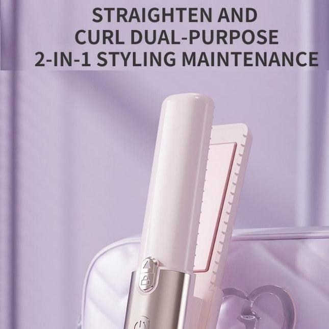Pink Cordless 2-in-1 Hair Straightener and Curler - Rechargeable Mini Styling Tool with Ceramic Coating, LED Display, 4 Temperature Settings, Travel Friendly Design for Women