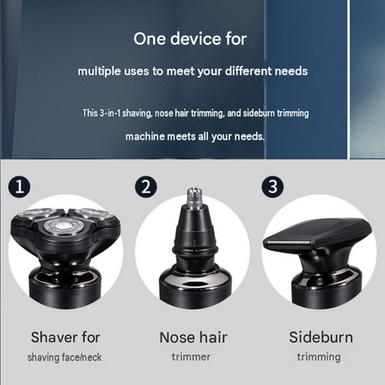 3-in-1 Electric Shaver for Men -  USB Rechargeable, 8D Floating Heads, Travel Lock, Nose & Sideburn Trimmer, Portable Grooming Kit