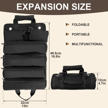 Black Roll-Up Tool Organizer Bag - 1200D Oxford Fabric Waterproof Hardware Storage with Detachable Pockets and Car Seat Hanging Straps - Portable Electrician and Carpenter Work Kit