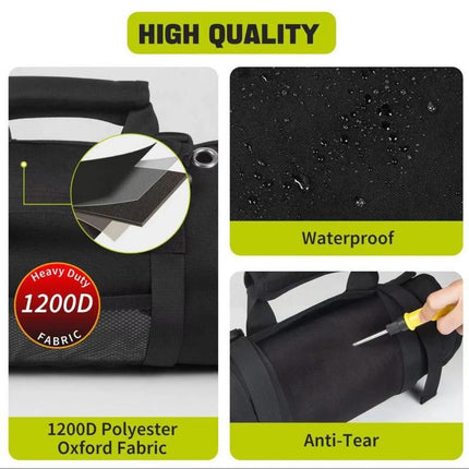 Black Roll-Up Tool Organizer Bag - 1200D Oxford Fabric Waterproof Hardware Storage with Detachable Pockets and Car Seat Hanging Straps - Portable Electrician and Carpenter Work Kit