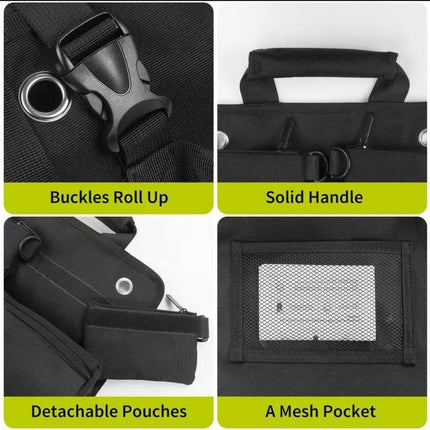 Black Roll-Up Tool Organizer Bag - 1200D Oxford Fabric Waterproof Hardware Storage with Detachable Pockets and Car Seat Hanging Straps - Portable Electrician and Carpenter Work Kit