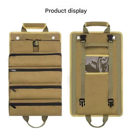 Black Roll-Up Tool Organizer Bag - 1200D Oxford Fabric Waterproof Hardware Storage with Detachable Pockets and Car Seat Hanging Straps - Portable Electrician and Carpenter Work Kit