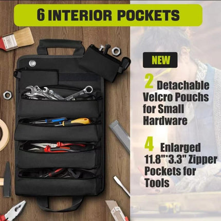 Khaki Roll-Up Tool Organizer Bag - 1200D Oxford Fabric Waterproof Hardware Storage with Detachable Pockets and Car Seat Hanging Straps - Portable Electrician and Carpenter Work Kit