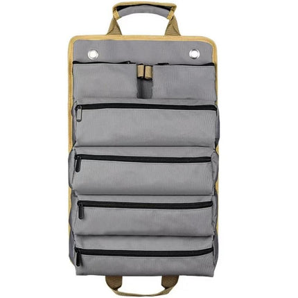 Grey Roll-Up Tool Organizer Bag - 1200D Oxford Fabric Waterproof Hardware Storage with Detachable Pockets and Car Seat Hanging Straps - Portable Electrician and Carpenter Work Kit