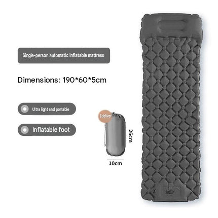 Grey Single Outdoor Foot Pump Inflatable Sleeping Pad （190 x 60 x 5 cm ）- 40D Nylon Camping Air Mattress with Built-in Pillow and Double Valve - Portable Moisture Proof Mat for Hiking Backpacking
