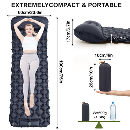 Grey Single Outdoor Foot Pump Inflatable Sleeping Pad （190 x 60 x 5 cm ）- 40D Nylon Camping Air Mattress with Built-in Pillow and Double Valve - Portable Moisture Proof Mat for Hiking Backpacking