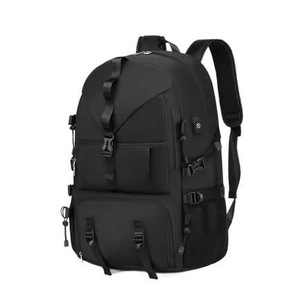 Black Large Capacity Travel Backpack - Waterproof Polyester Hiking Rucksack with Shoe Compartment and USB Port - Unisex Outdoor Luggage Bag for Camping Trekking and Weekend Trips