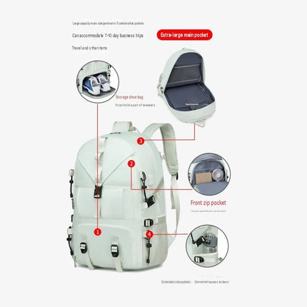 Black Large Capacity Travel Backpack - Waterproof Polyester Hiking Rucksack with Shoe Compartment and USB Port - Unisex Outdoor Luggage Bag for Camping Trekking and Weekend Trips