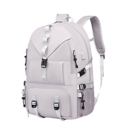 Grey Large Capacity Travel Backpack - Waterproof Polyester Hiking Rucksack with Shoe Compartment and USB Port - Unisex Outdoor Luggage Bag for Camping Trekking and Weekend Trips