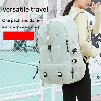 Grey Large Capacity Travel Backpack - Waterproof Polyester Hiking Rucksack with Shoe Compartment and USB Port - Unisex Outdoor Luggage Bag for Camping Trekking and Weekend Trips