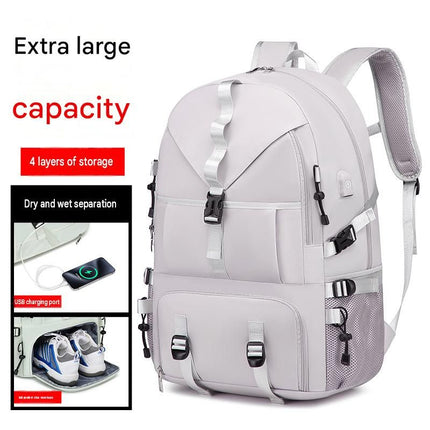 Grey Large Capacity Travel Backpack - Waterproof Polyester Hiking Rucksack with Shoe Compartment and USB Port - Unisex Outdoor Luggage Bag for Camping Trekking and Weekend Trips