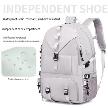 Grey Large Capacity Travel Backpack - Waterproof Polyester Hiking Rucksack with Shoe Compartment and USB Port - Unisex Outdoor Luggage Bag for Camping Trekking and Weekend Trips