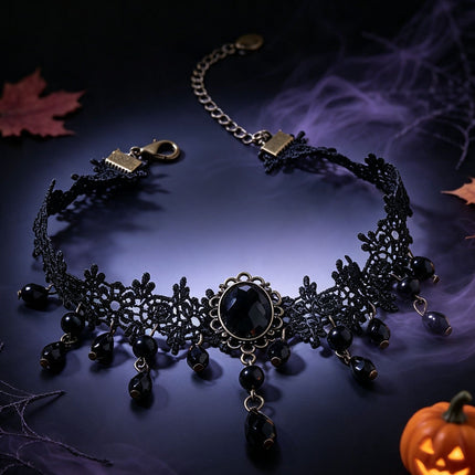 Black Gothic Lace Choker Necklace - Crystal Teardrop Pendant and Adjustable Chain - Elegant Statement Jewelry for Women's Evening Wear, Halloween Costumes & Romantic Dates
