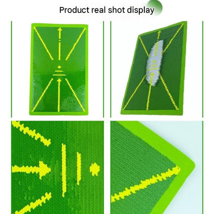 Yellow trajectory line and printed "checkmarks and crosses"Golf Swing Training Mat- Sequin Track Detection - Portable Plastic and Rubber Practice Pad for Indoor and Outdoor Use, Anti-Slip Base 24.4x38.4cm