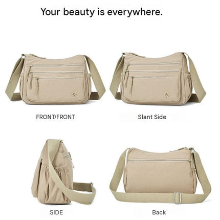 Beige Lightweight Nylon Crossbody Bag for Women - Multi-Compartment Shoulder Purse with Adjustable Strap 260g Travel Friendly Commuter Tote for Daily Use
