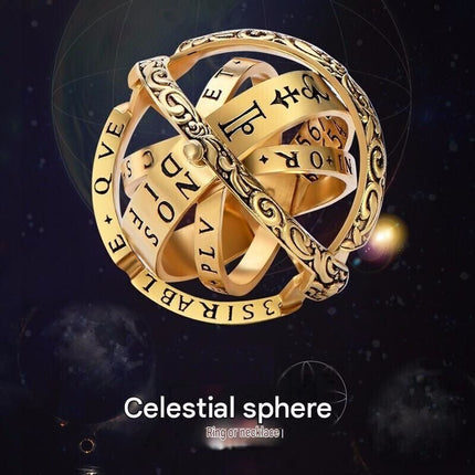 Golden US 11 Transformable Astronomical Sphere Ring - Alloy - 2-in-1 Ring and Pendant Design, Rotating Globe Structure, Retro Cosmic Style, Unisex Fashion Accessory