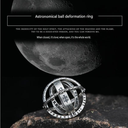 Silvery US 8 Transformable Astronomical Sphere Ring - Alloy - 2-in-1 Ring and Pendant Design, Rotating Globe Structure, Retro Cosmic Style, Unisex Fashion Accessory