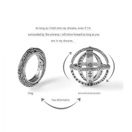 Silvery US 10 Transformable Astronomical Sphere Ring - Alloy - 2-in-1 Ring and Pendant Design, Rotating Globe Structure, Retro Cosmic Style, Unisex Fashion Accessory