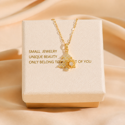 Golden Rotating snowflake Christmas Tree Pendant Necklace - Titanium Steel - Micro Pave Cubic Zirconia, Adjustable 40+5cm Chain, Festive Holiday Gift for Women