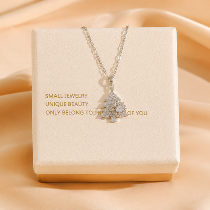 Silvery Rotating snowflake Christmas Tree Pendant Necklace - Titanium Steel - Micro Pave Cubic Zirconia, Adjustable 40+5cm Chain, Festive Holiday Gift for Women