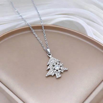 Silvery Rotating snowflake Christmas Tree Pendant Necklace - Titanium Steel - Micro Pave Cubic Zirconia, Adjustable 40+5cm Chain, Festive Holiday Gift for Women