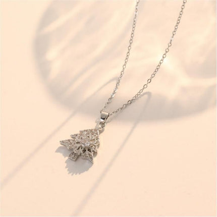 Silvery Rotating snowflake Christmas Tree Pendant Necklace - Titanium Steel - Micro Pave Cubic Zirconia, Adjustable 40+5cm Chain, Festive Holiday Gift for Women
