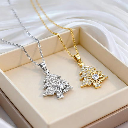 Silvery Rotating snowflake Christmas Tree Pendant Necklace - Titanium Steel - Micro Pave Cubic Zirconia, Adjustable 40+5cm Chain, Festive Holiday Gift for Women
