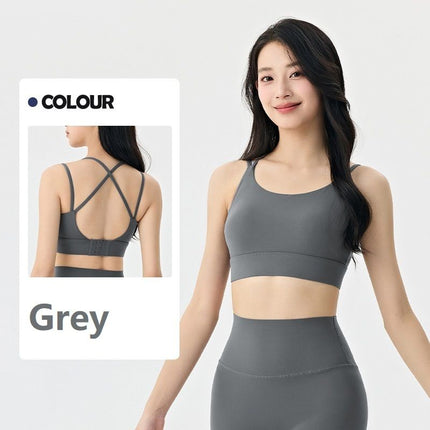 Grey S Size One-piece sports bra with thin straps - Nylon - Fixed Cup, Adjustable Back Closure, Cross Back Straps, Breathable Fabric for Yoga and Gym