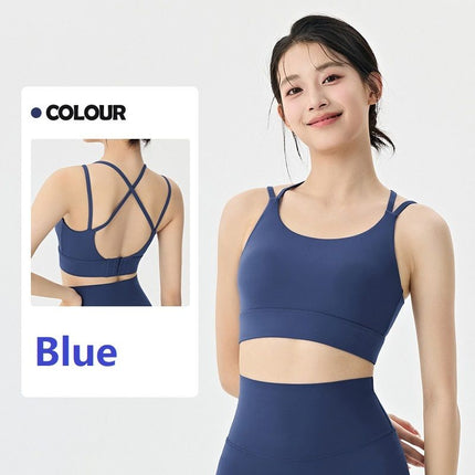 Blue M Size One-piece sports bra with thin straps - Nylon - Fixed Cup, Adjustable Back Closure, Cross Back Straps, Breathable Fabric for Yoga and Gym