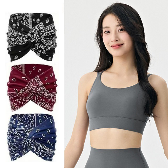 Outdoor sports combination-Grey L Size thin shoulder straps Sports Bra with Adjustable Back Buckle and 3 Pack 18cm Boho Paisley Headband Set （Black and Red and Blue）- Breathable Fixed Cup Yoga Top and Wide Elastic Hair Band for Gym Running and Daily Wear