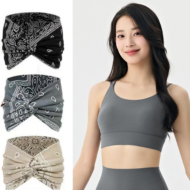 Outdoor sports combination-Grey L Size thin shoulder straps Sports Bra with Adjustable Back Buckle and 3 Pack 18cm Boho Paisley Headband Set（Black and Grey and Beige） - Breathable Fixed Cup Yoga Top and Wide Elastic Hair Band for Gym Running and Daily Wea