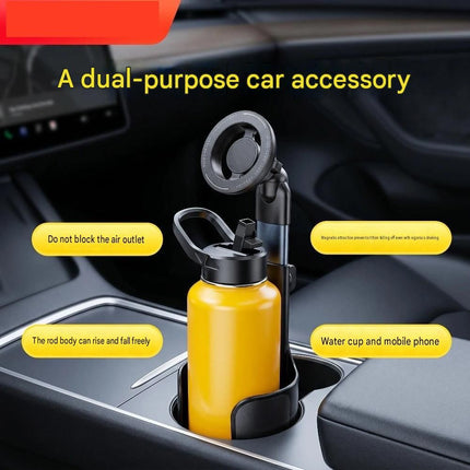 2-in-1 Magnetic Car Cup Holder Phone Mount - Adjustable Height Aluminum Alloy Cup Base with 360 Degree Rotation for Dashboard and Console, Universal Fit for Bottles and Navigation
