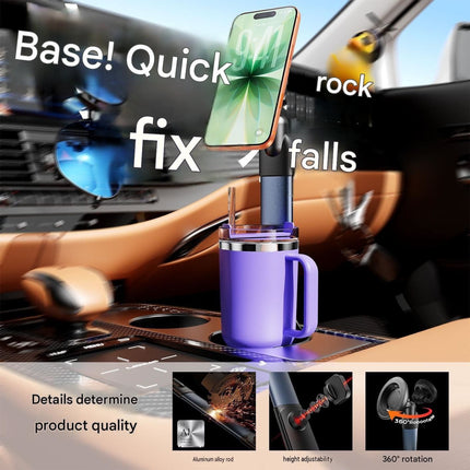 2-in-1 Magnetic Car Cup Holder Phone Mount - Adjustable Height Aluminum Alloy Cup Base with 360 Degree Rotation for Dashboard and Console, Universal Fit for Bottles and Navigation