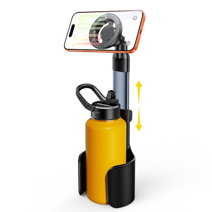 2-in-1 Magnetic Car Cup Holder Phone Mount - Adjustable Height Aluminum Alloy Cup Base with 360 Degree Rotation for Dashboard and Console, Universal Fit for Bottles and Navigation