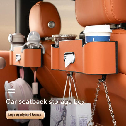 Brown（1 pack） Multifunctional Car Seat Back Organizer - Nappa Leather Tissue Box Holder with Cup Holders and Hooks, Adjustable Rear Storage Rack for Road Trips