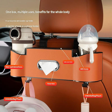 Black（1 pack） Multifunctional Car Seat Back Organizer - Nappa Leather Tissue Box Holder with Cup Holders and Hooks, Adjustable Rear Storage Rack for Road Trips