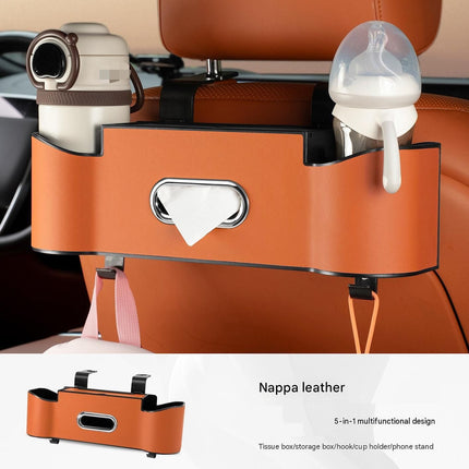 Black（1 pair）Multifunctional Car Seat Back Organizer - Nappa Leather Tissue Box Holder with Cup Holders and Hooks, Adjustable Rear Storage Rack for Road Trips