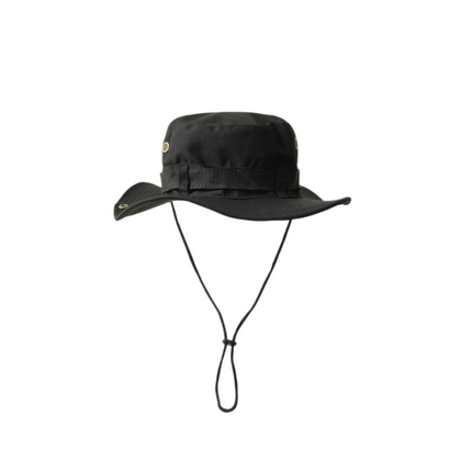 Black Unisex Foldable Outdoor Sun Hat - Polyester Wide Brim Bucket Hat with Adjustable Chin Strap, Breathable Design, Travel Friendly, Hiking Camping Beach